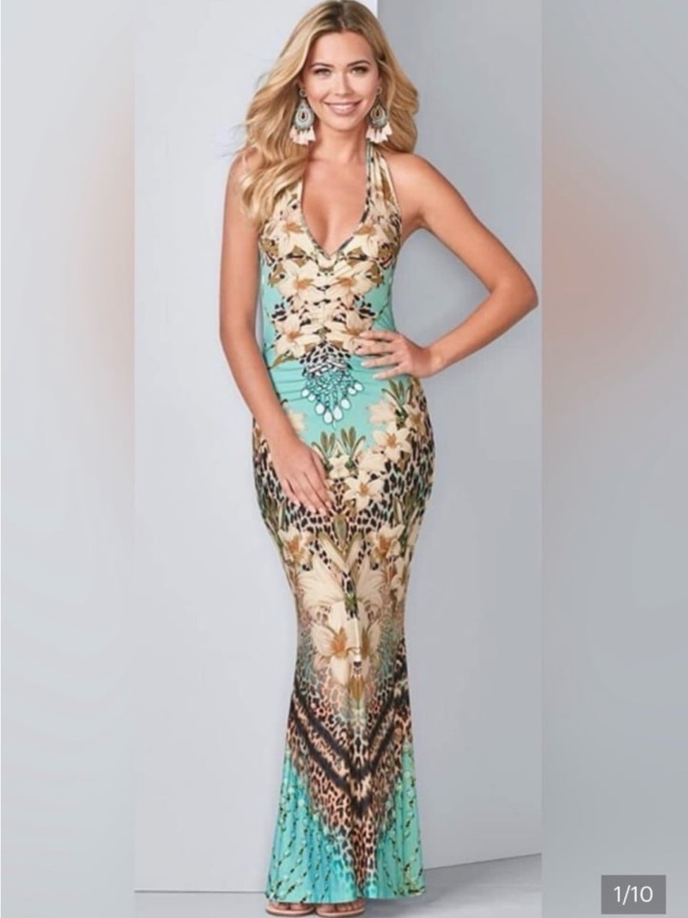 Venus Turquoise leopard Floral Halter Maxi Dress